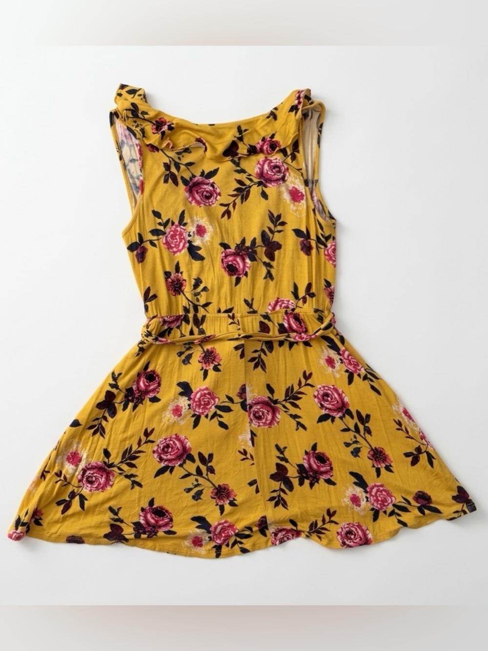 living doll Yellow Floral Wrap Mini Dress with Pink & Purple Blooms - Picture 5 of 9